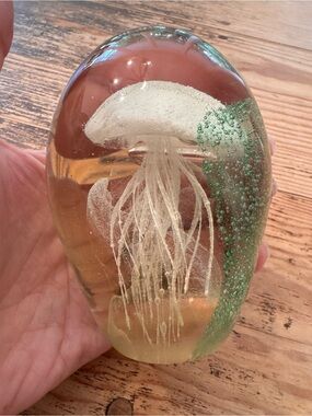 Clear and Green Jellyfish Glass Paperweight - Decorative Home Accent chip on top